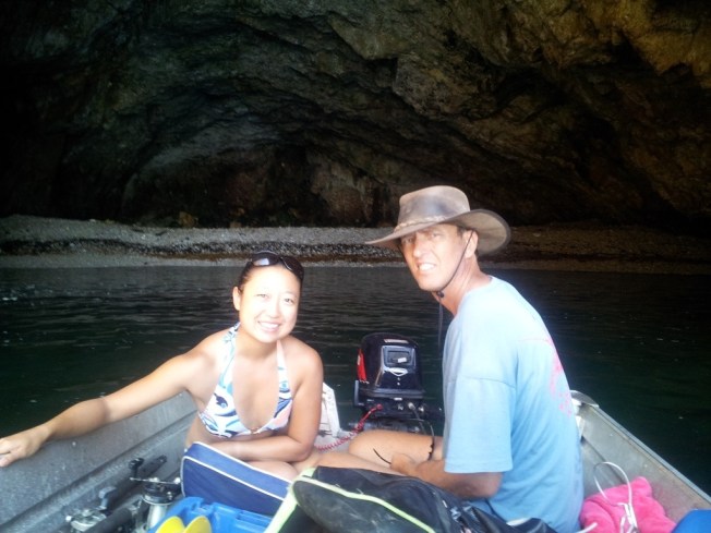 Gerald showing me awesome caves around Arid Island, off the coast of the Barrier.