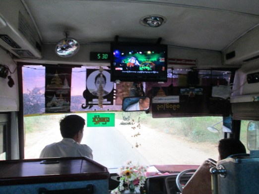 The dreaded karaoke TV screen. Also notice: In Myanmar the steering wheel is on the right side of the car and you also drive on the right side of the road.